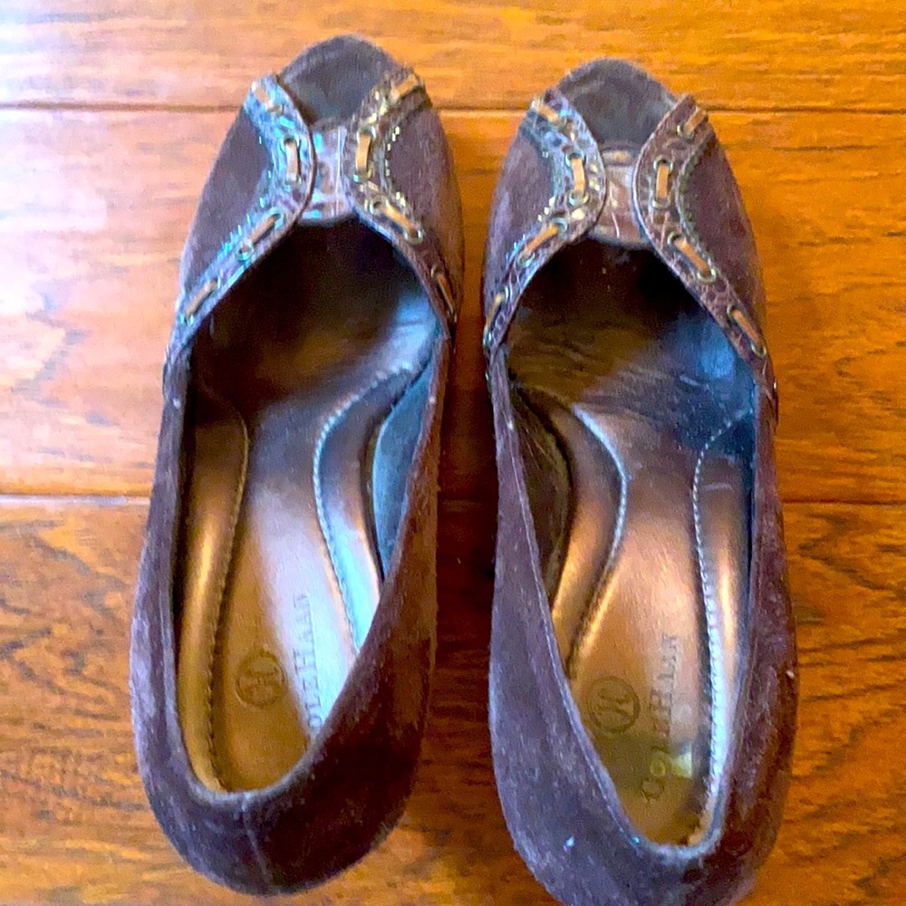 Cole Han brown suede shoes with wooden platform